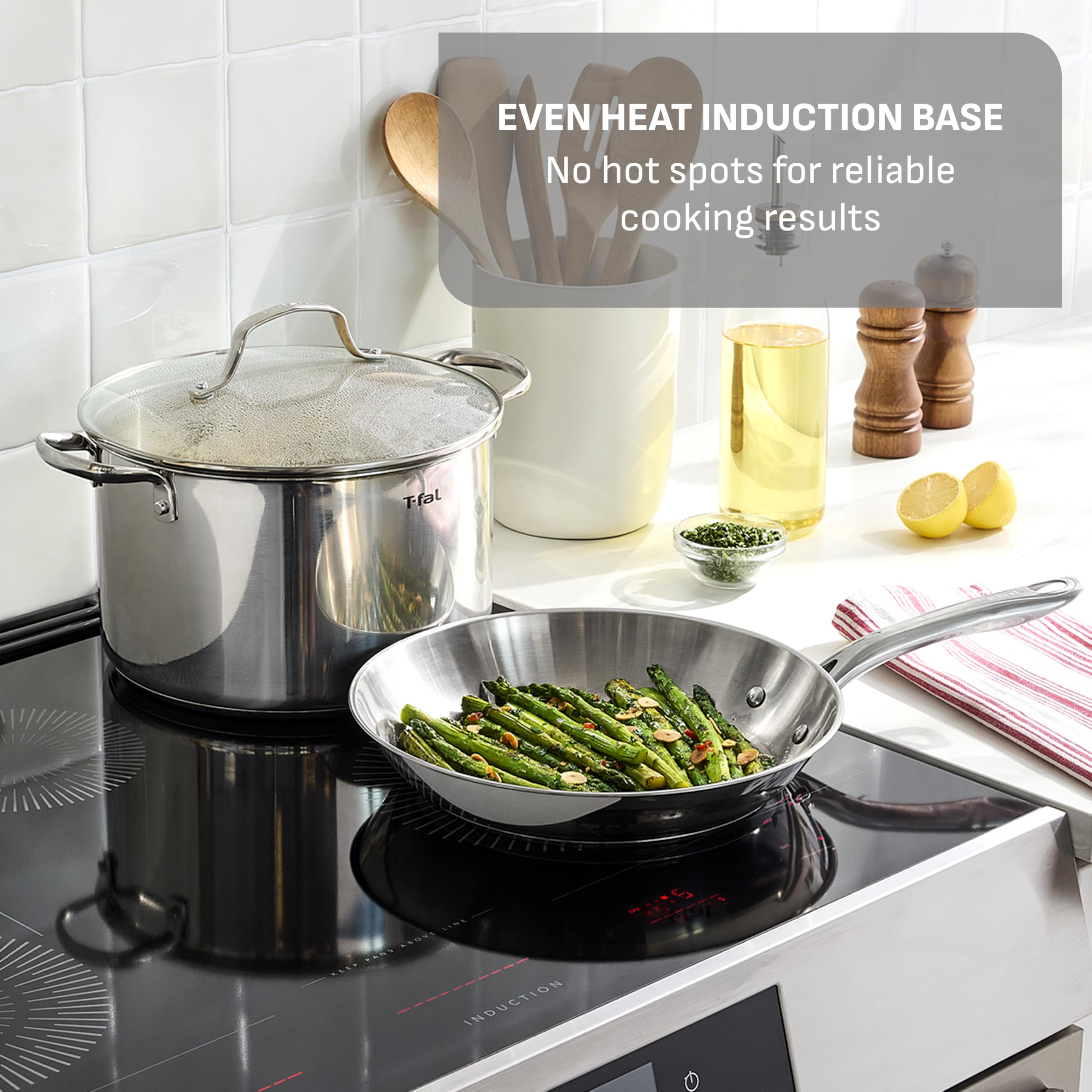 T-Fal skillet searing steak on stovetop showing high-heat browning performance