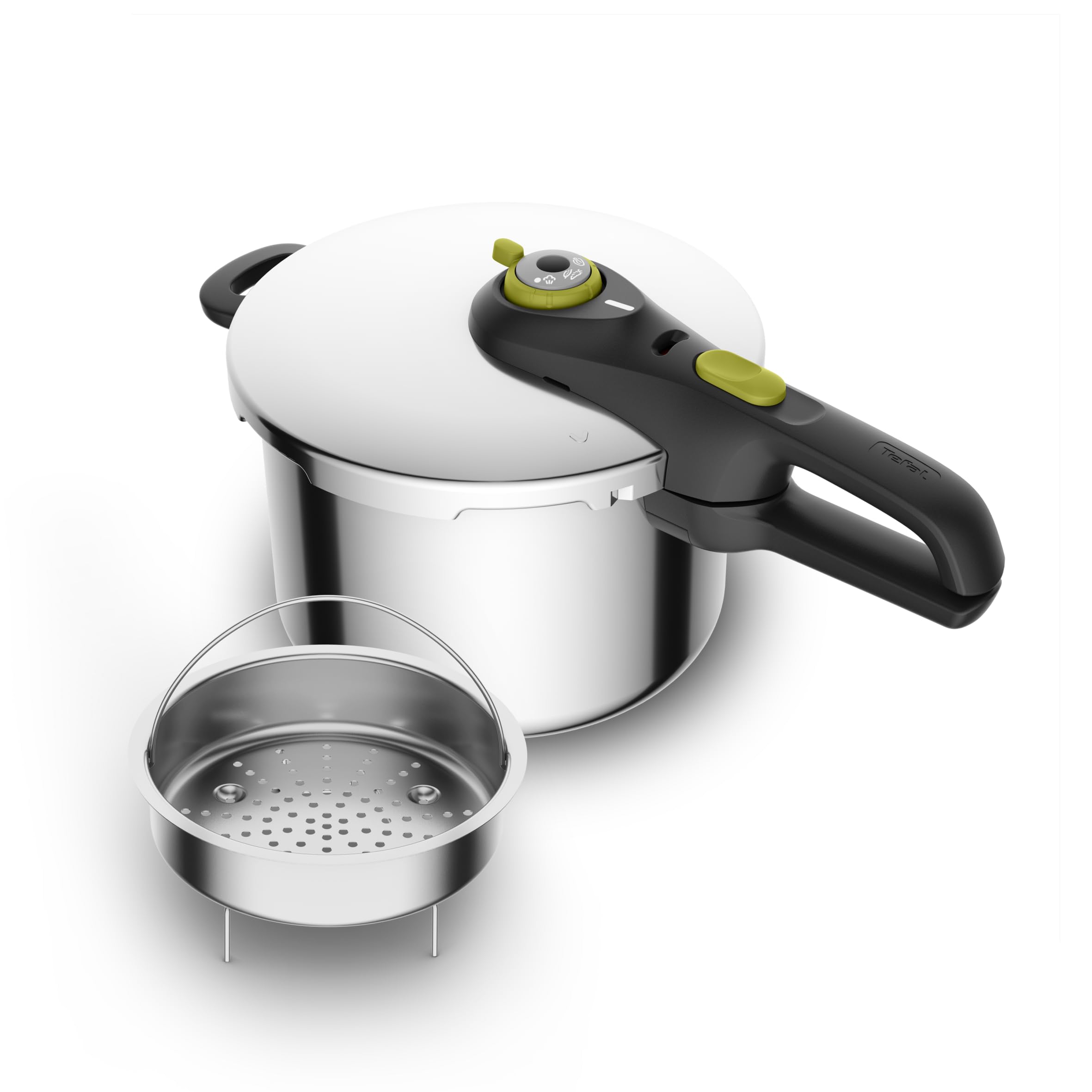 T‑Fal Secure front view showing polished stainless steel and compact design for faster cooking
