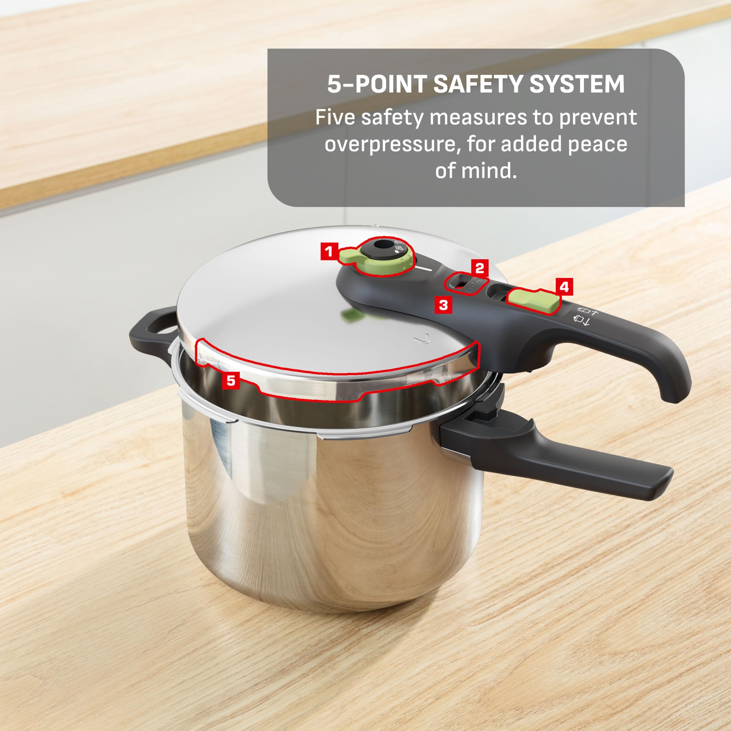 T‑Fal Secure lid locking mechanism closeup with audible click feature for secure sealing