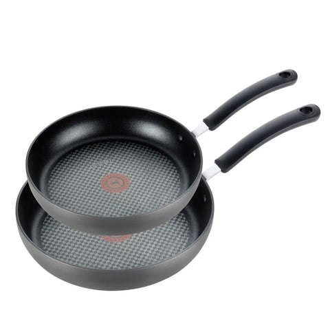 T-Fal 10 and 12 inch fry pans front view showing sleek onyx finish and ready-to-cook versatility
