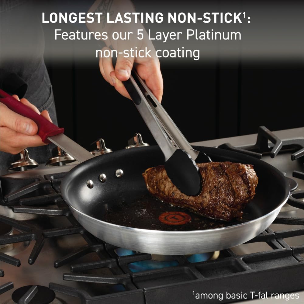 T-fal VX3 stainless steel handle with removable silicone sleeve, secure grip