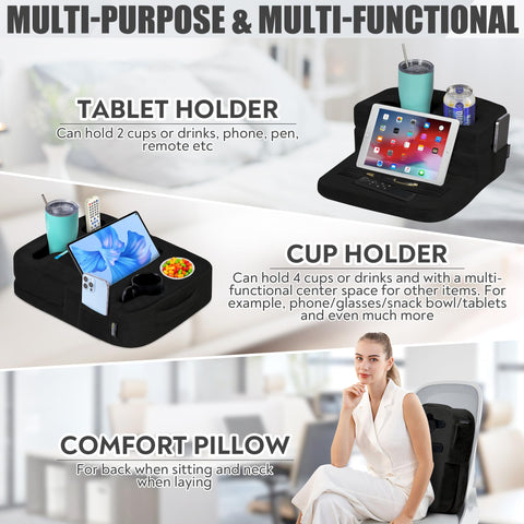 TabCouchCaddy pocket detail holding a tablet and phone for convenient viewing