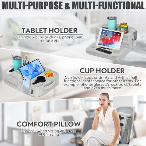 TabCouchCaddy device tray in use holding tablet and phone for hands-free viewing