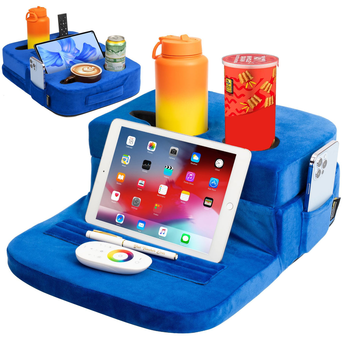 TabCouchCaddy front view showing organized cup holders and tray, convenient access