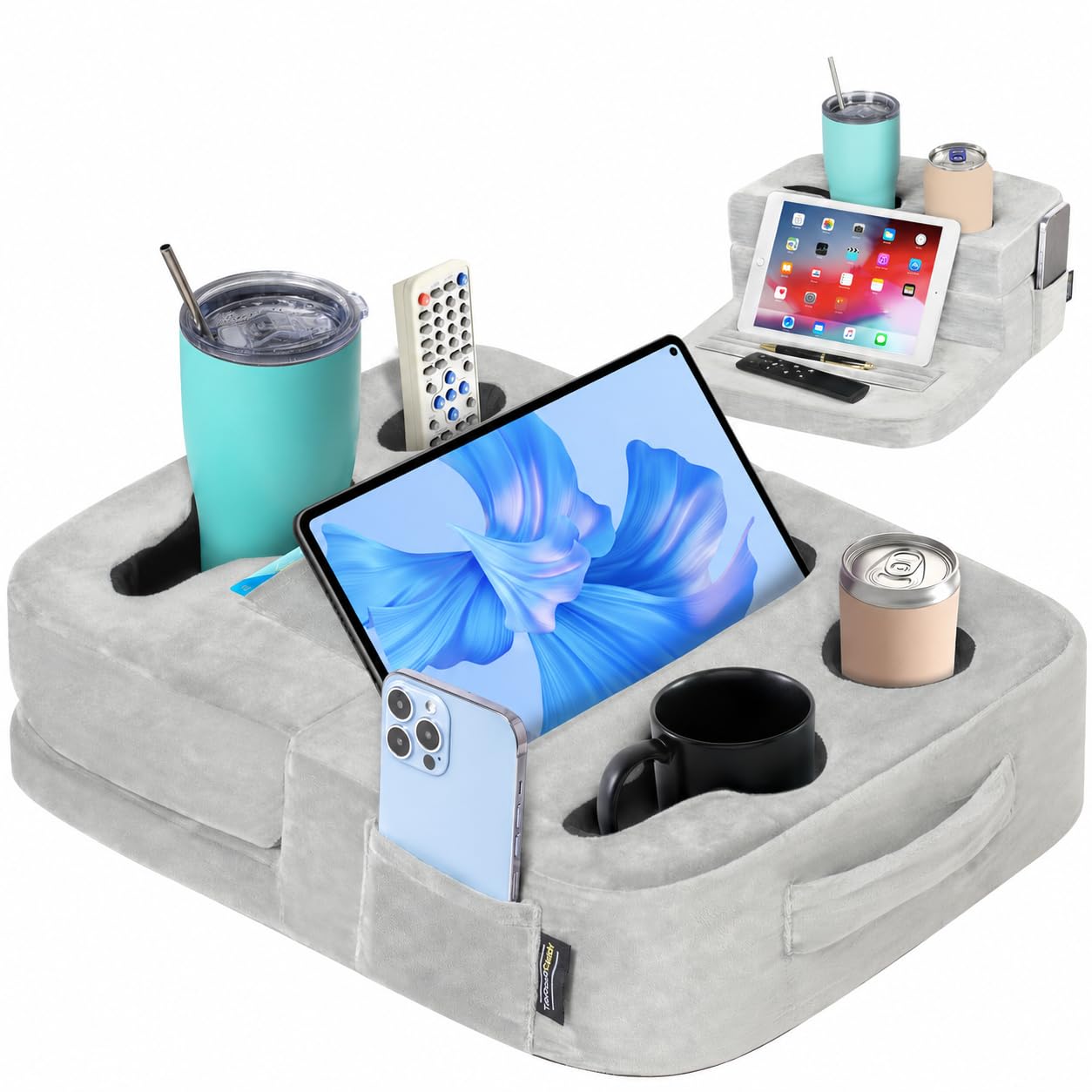 TabCouchCaddy front view grey showing organized cup and device storage benefit