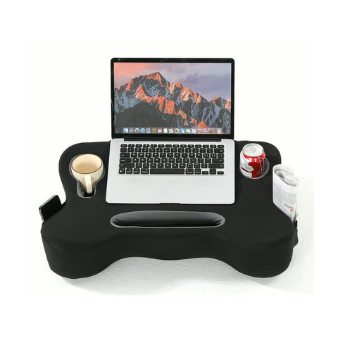 TabCouchCaddy front view showing full workspace and cup holder benefit