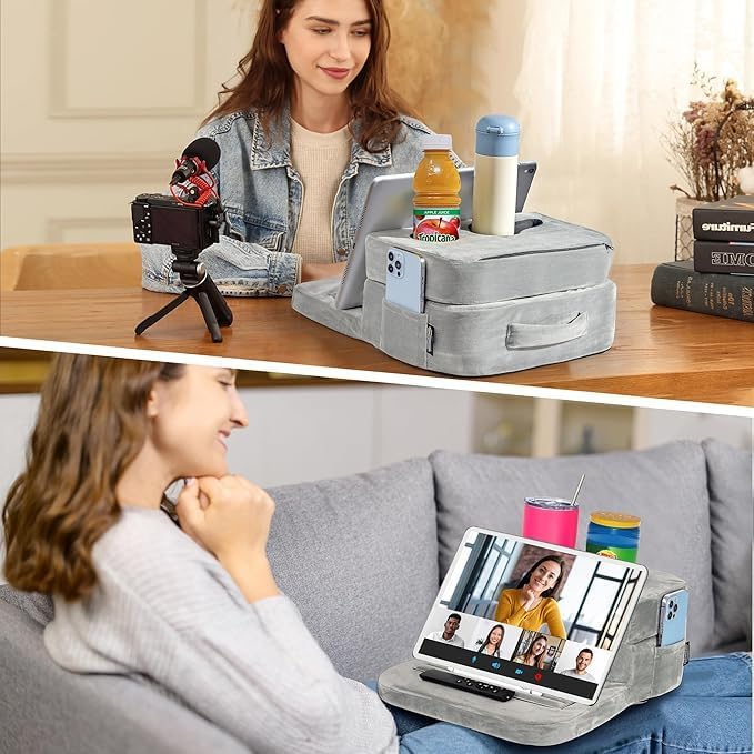 TabCouchCaddy vacuum-packed next to hand illustrating compact travel-friendly size