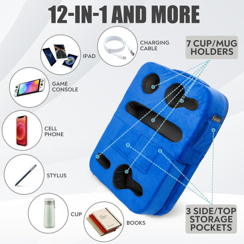 TabCouchCaddy open pockets storing remotes and phone, TabCouchCaddy keeps items tidy