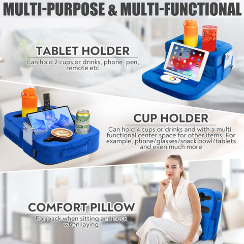 TabCouchCaddy holding a tablet in the angled slot, hands-free viewing comfort