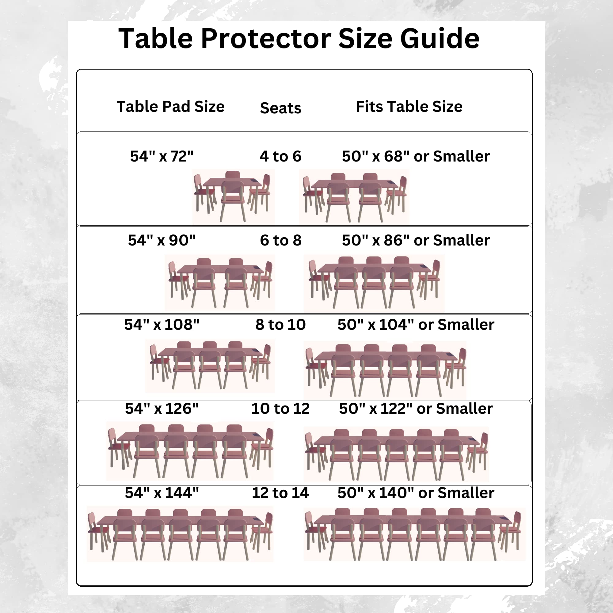 tablecloths by design size comparison on table, demonstrates generous coverage and fit
