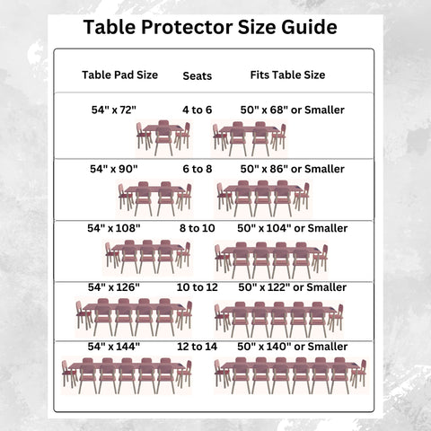 tablecloths by design size comparison on table, demonstrates generous coverage and fit