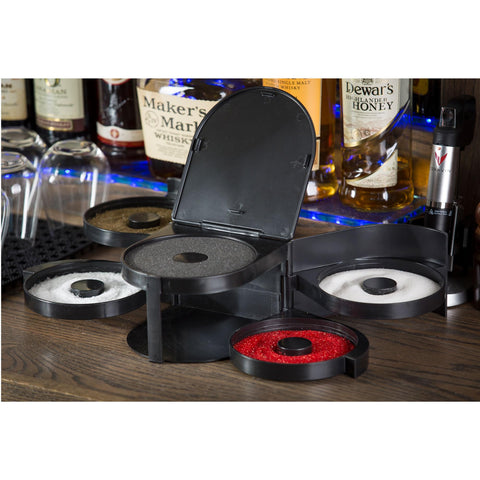 Tablecraft H5633 in-use on a home bar showing organized salts and sugars for fast cocktail prep
