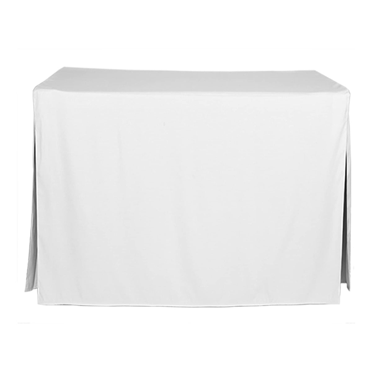 Tablevogue front view of fitted 48x24 white table cover showing neat fit and finish