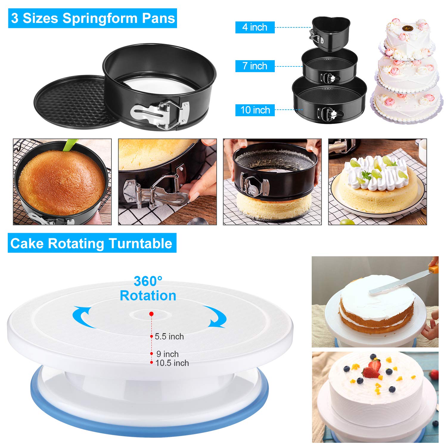 Taiker stacked springform pans showing sizes for tiered cakes