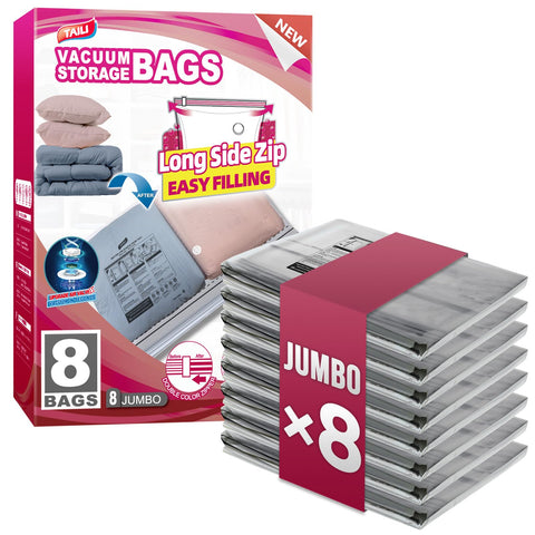 TAILI front view of 8 pack packaging showing large vacuum bags and included clips for storage