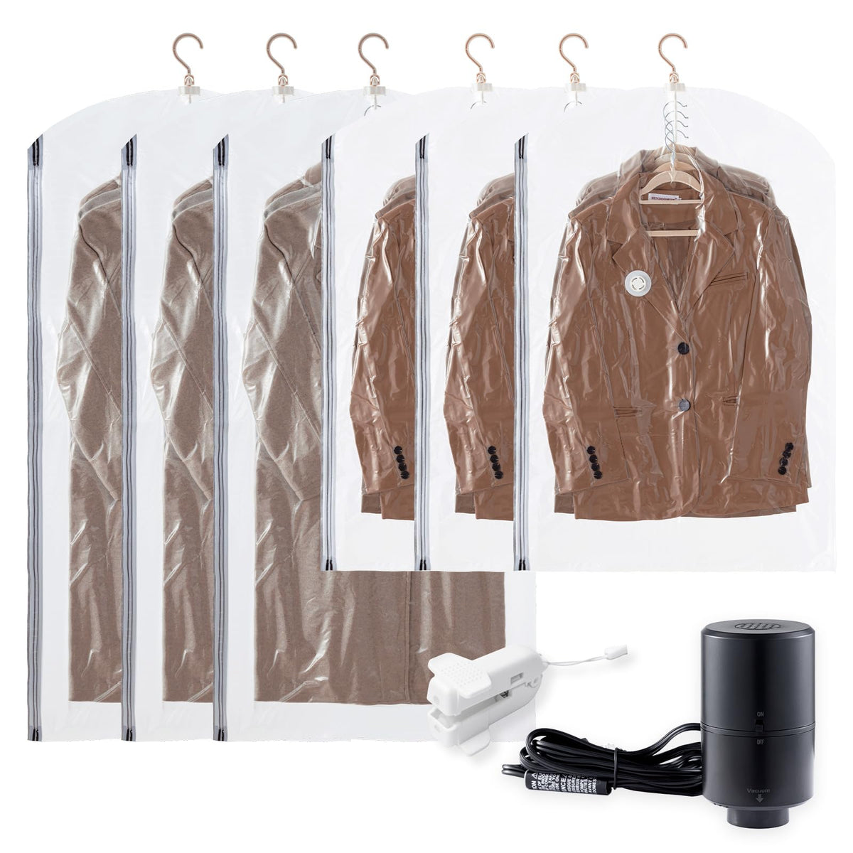 TAILI front view of hanging vacuum bags showing tidy garments and space savings