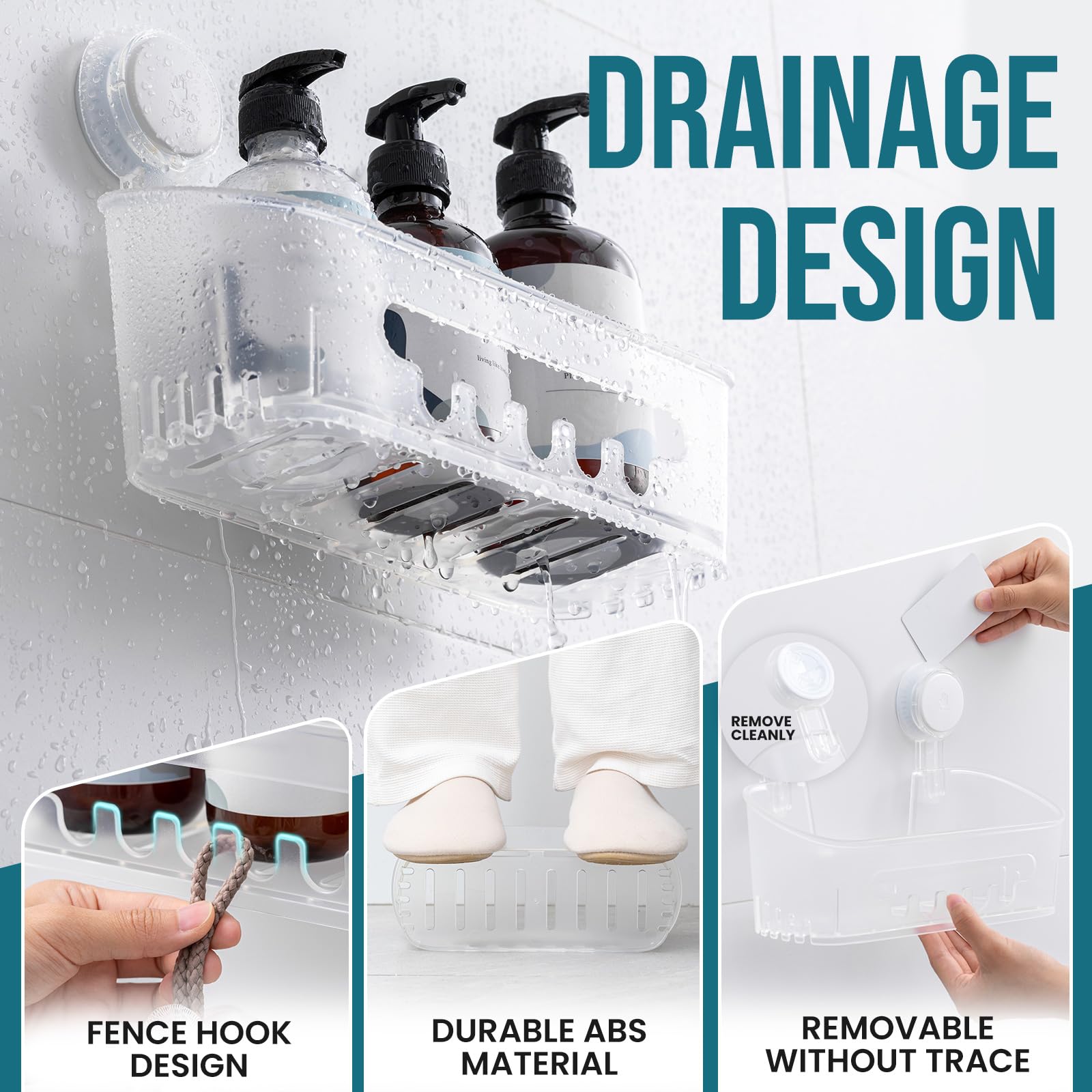 TAILI shelf in shower staged with bottles showing clutter reduction