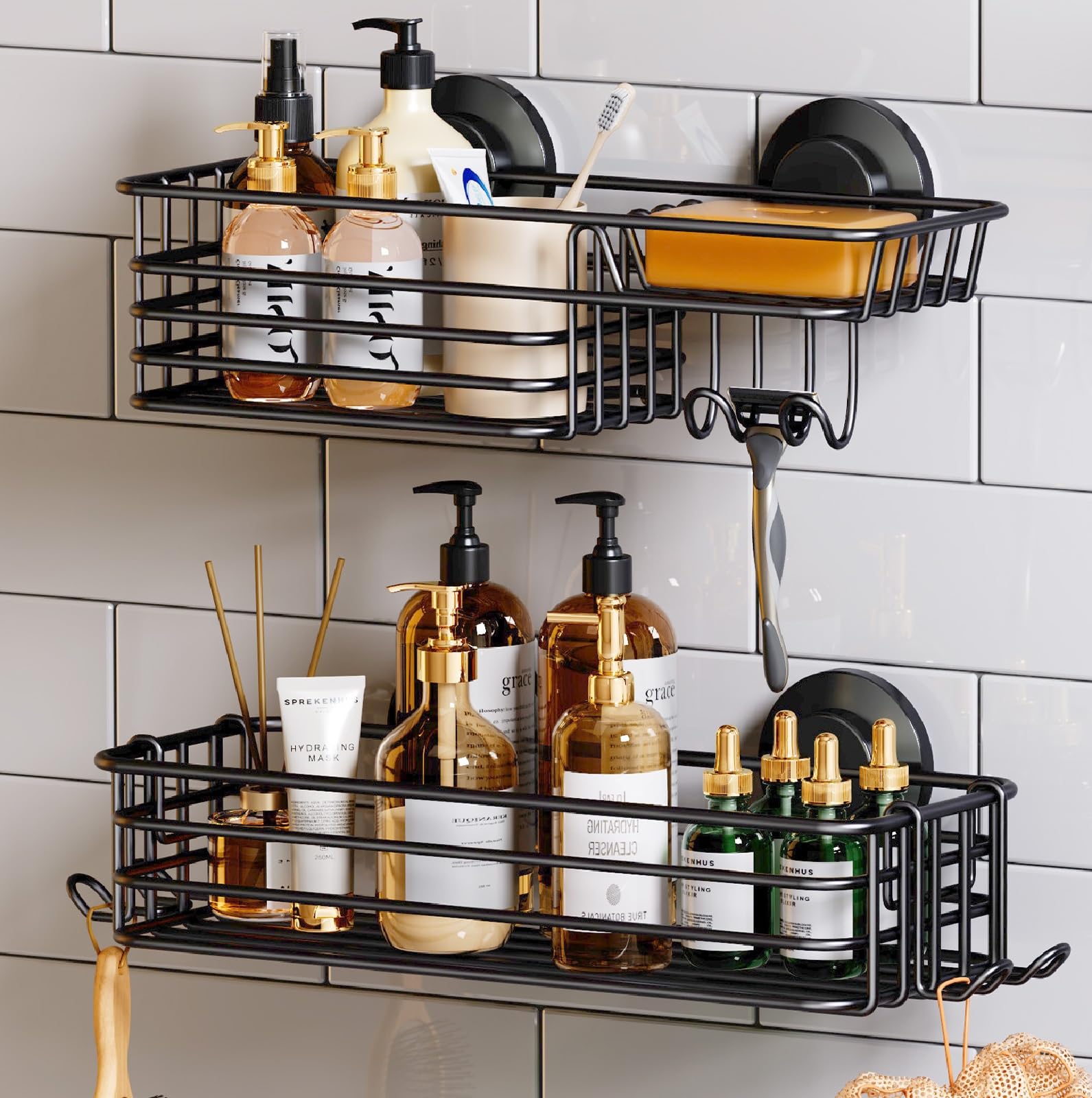 TAILI shower caddy front view showing sleek black organizer and capacity