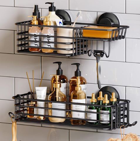 TAILI shower caddy front view showing sleek black organizer and capacity