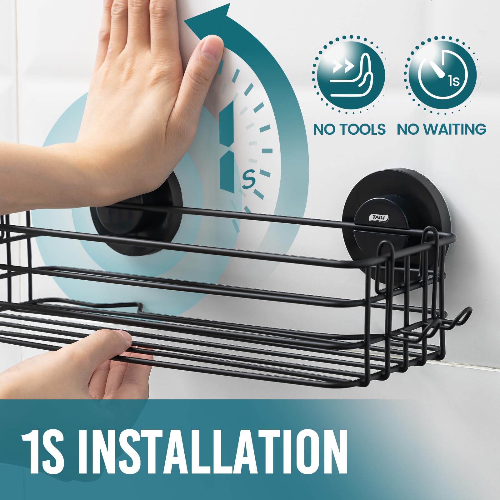 TAILI shower caddy mounted in shower illustrating tidy storage benefit