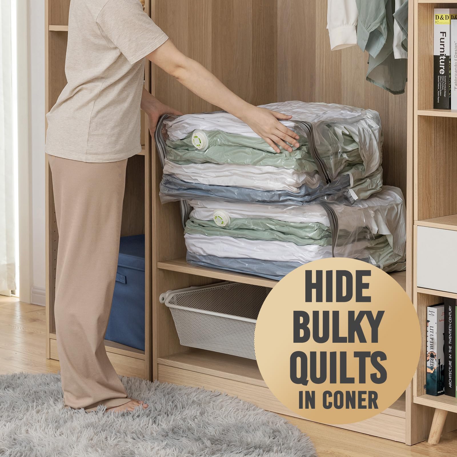 TAILI bag on closet shelf showing cube shape for neat stacking