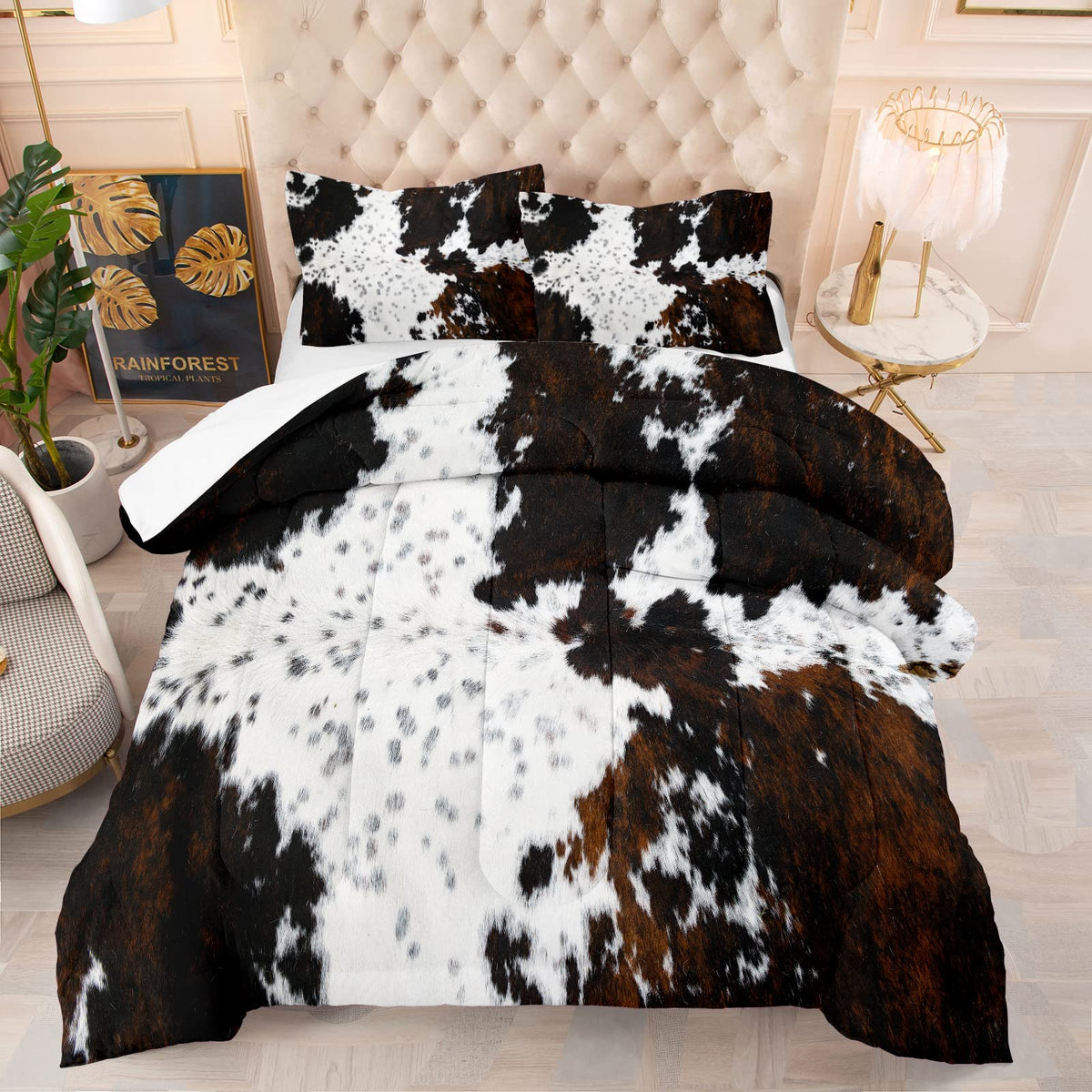 Tailor Shop comforter front view showing bold cow print and instant rustic impact