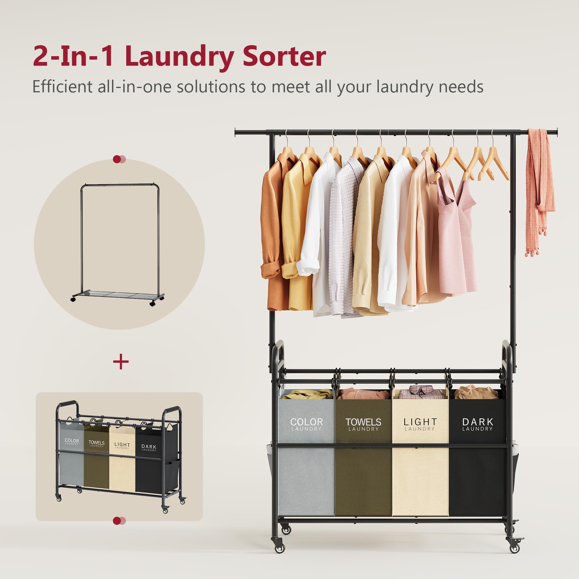 Tajsoon removable laundry bags close-up; liftable handles for easy carrying