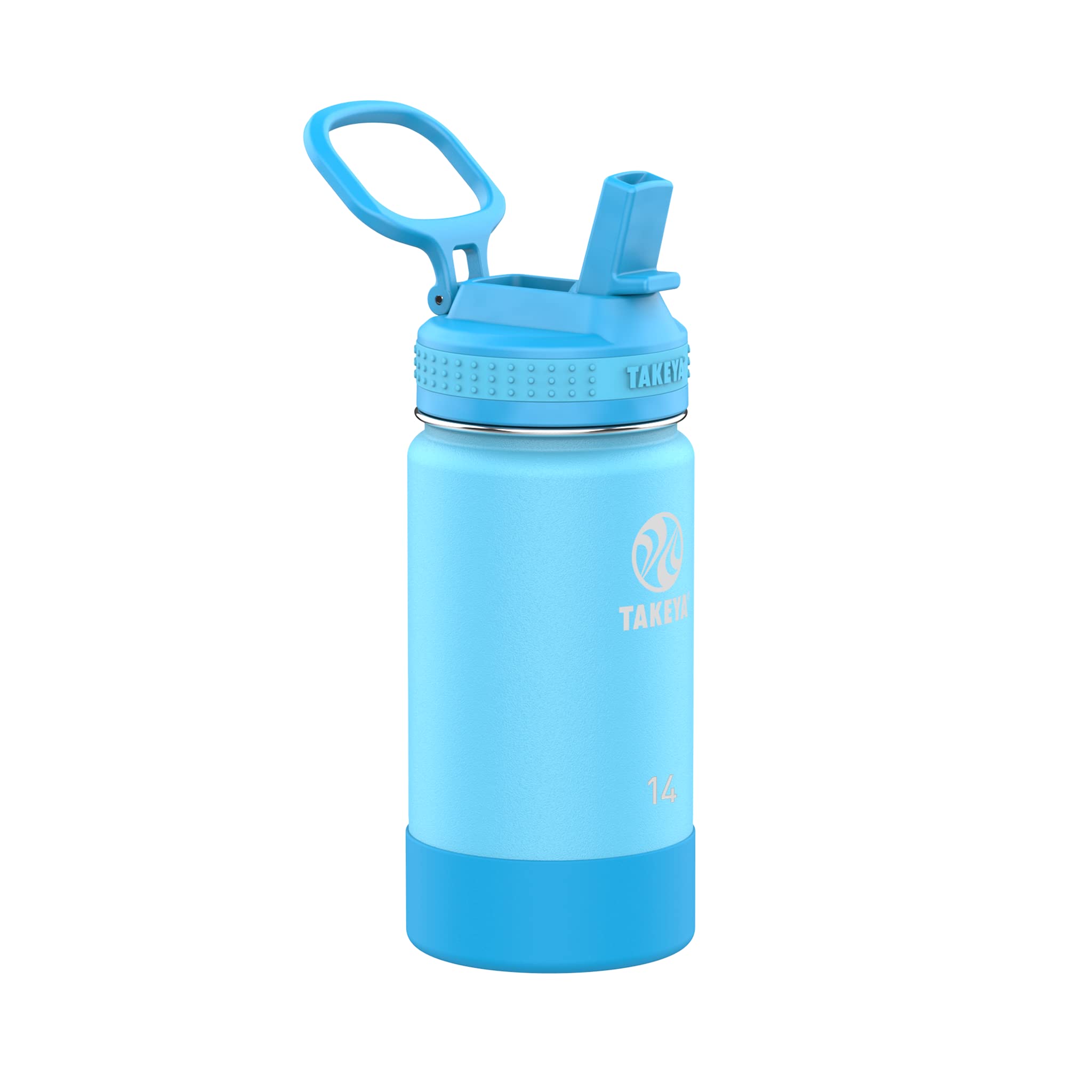 Takeya bottle front view in Atlantic Blue showing label and compact size for easy identification and storage