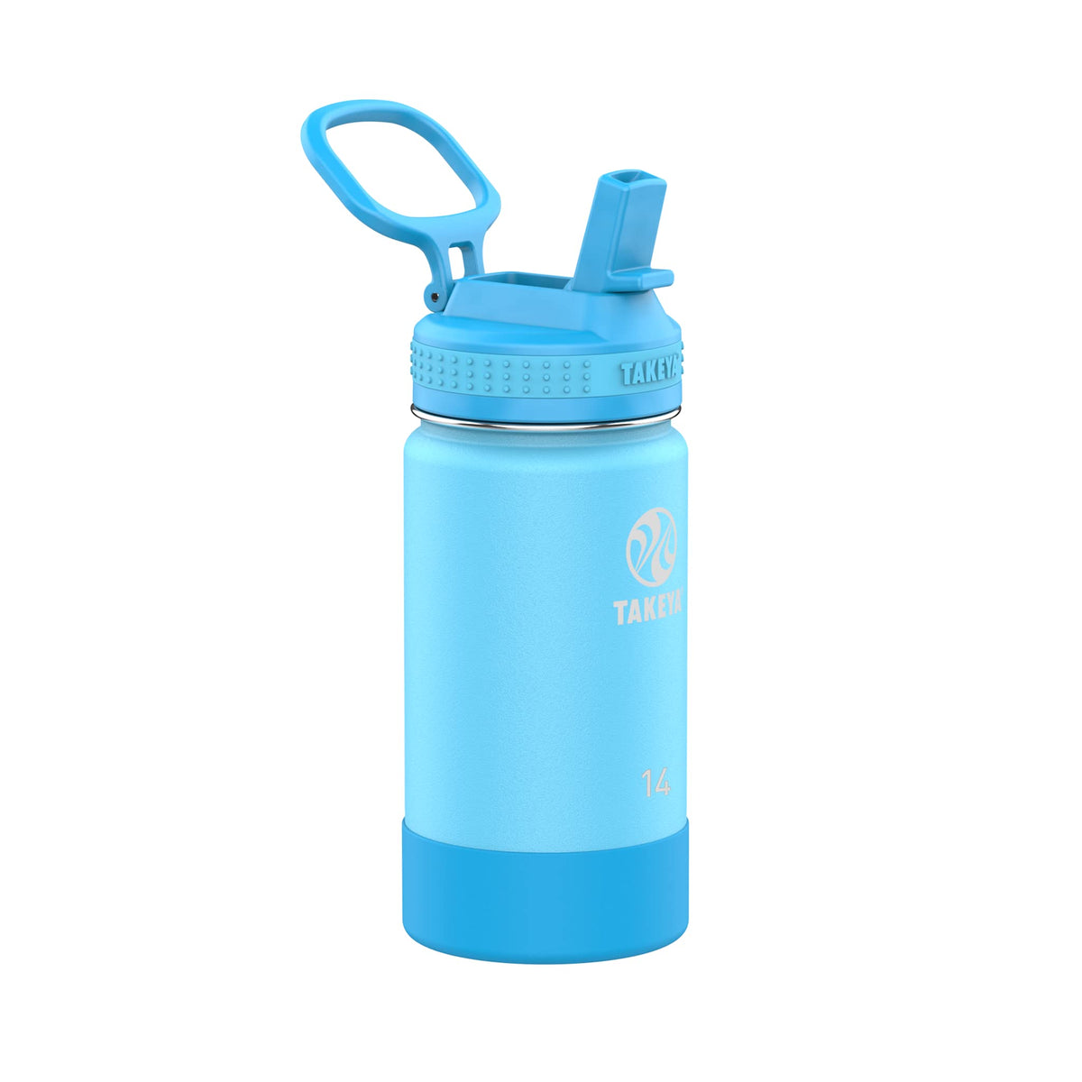 Takeya bottle front view in Atlantic Blue showing label and compact size for easy identification and storage