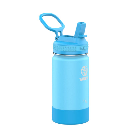Takeya bottle front view in Atlantic Blue showing label and compact size for easy identification and storage
