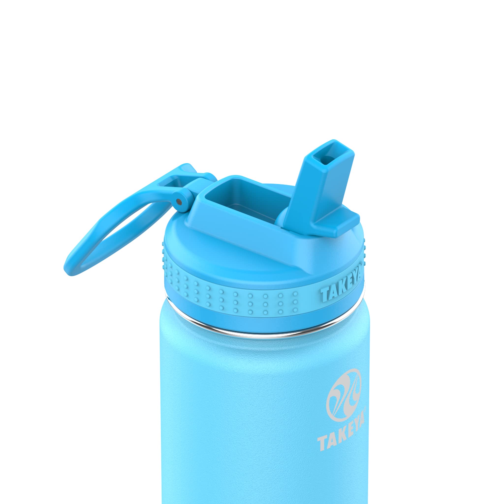 Takeya straw lid close-up showing fold-down mechanism and hygienic spout for spill prevention