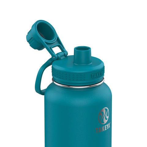 Takeya Actives spout lid close-up showing insulated seal and leak-resistant benefit