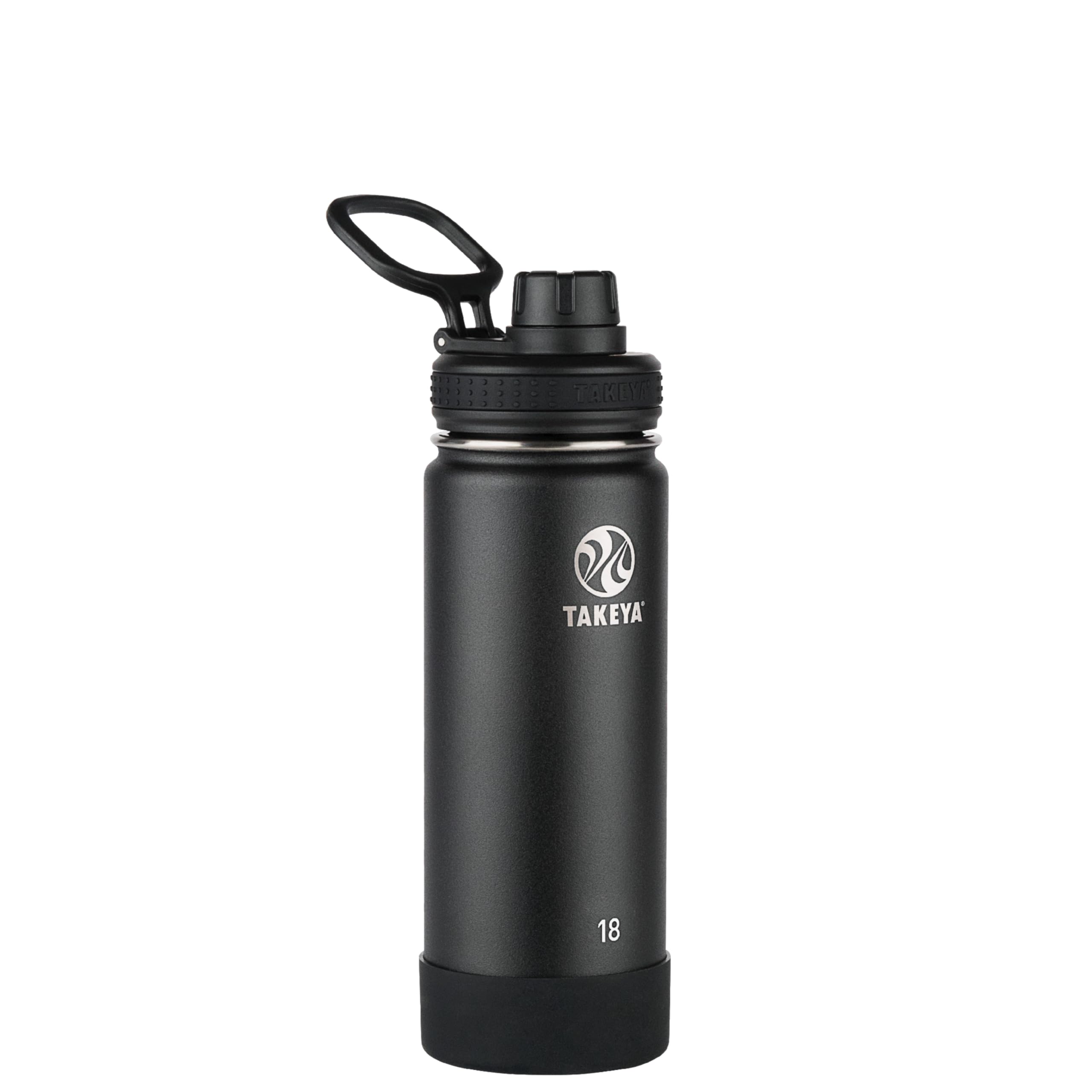 Takeya front view onyx bottle showing sleek design and portability benefit