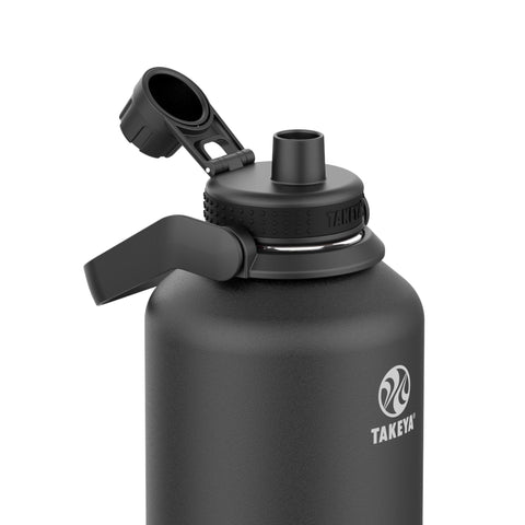 Takeya Onyx spout lid close-up illustrating leakproof spout for easy sipping