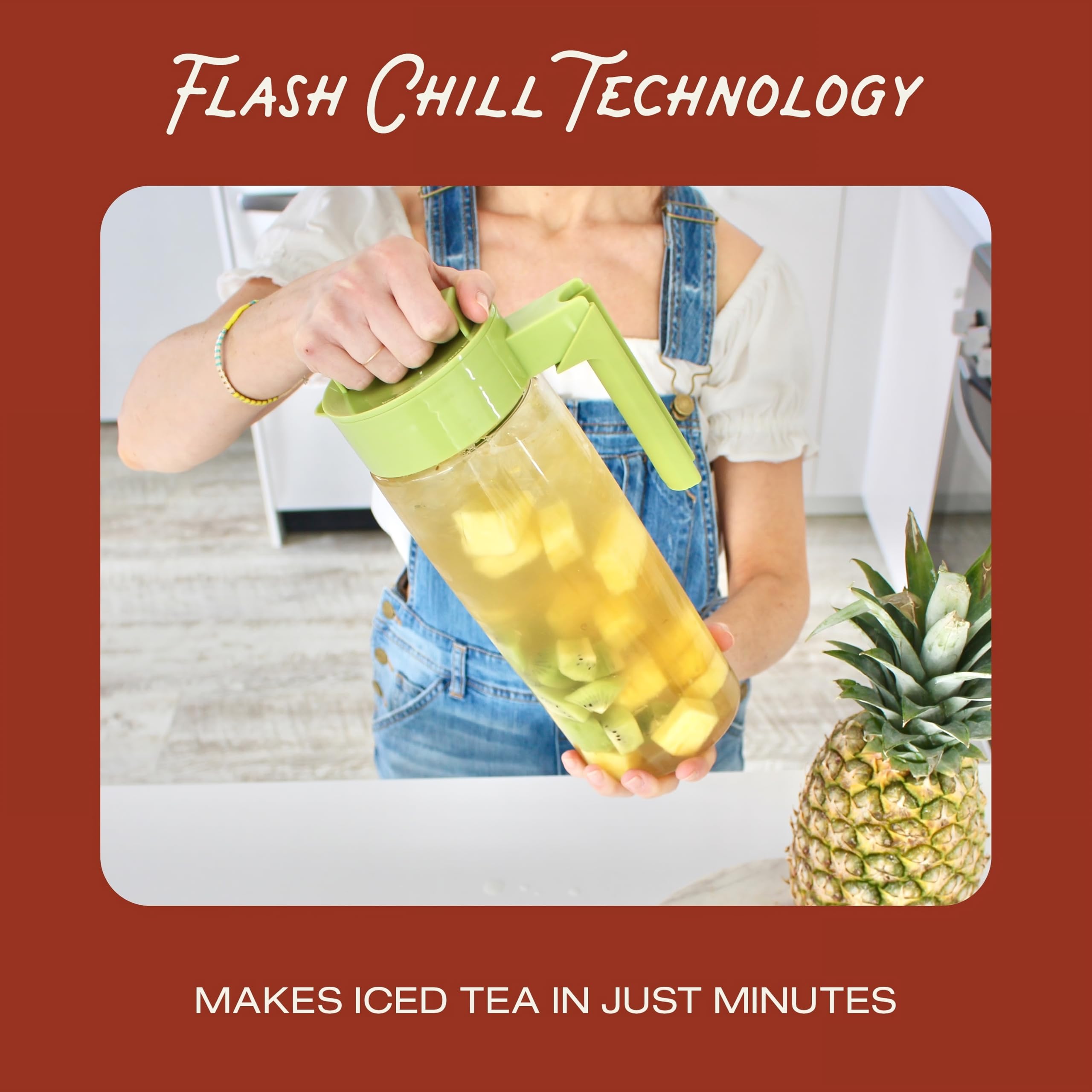 Takeya pouring iced tea demonstrating leakproof lid and effortless serving benefit
