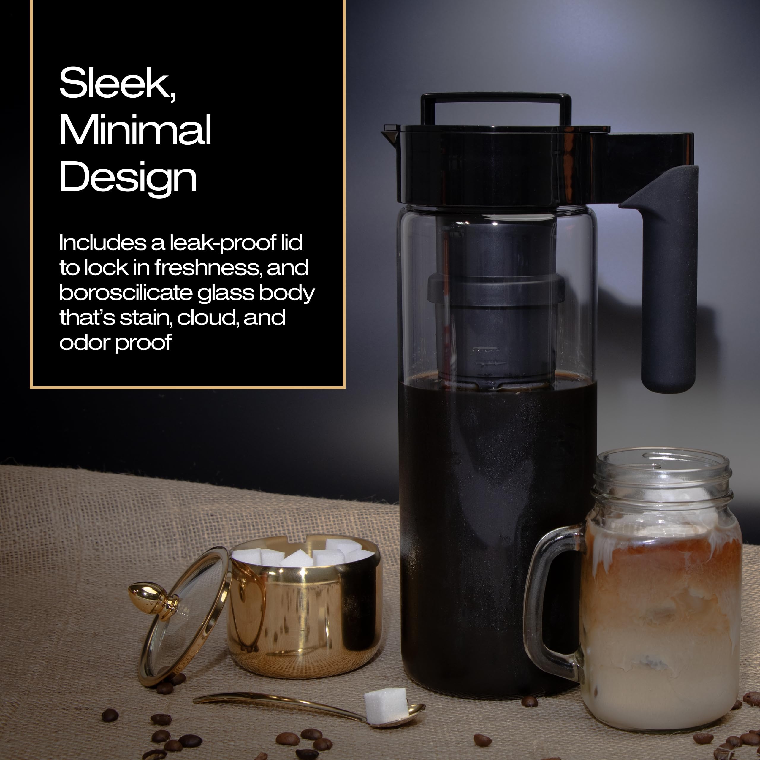 Takeya pouring iced coffee into glass demonstrating smooth, low-acid beverage benefit