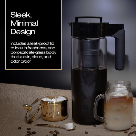 Takeya pouring iced coffee into glass demonstrating smooth, low-acid beverage benefit