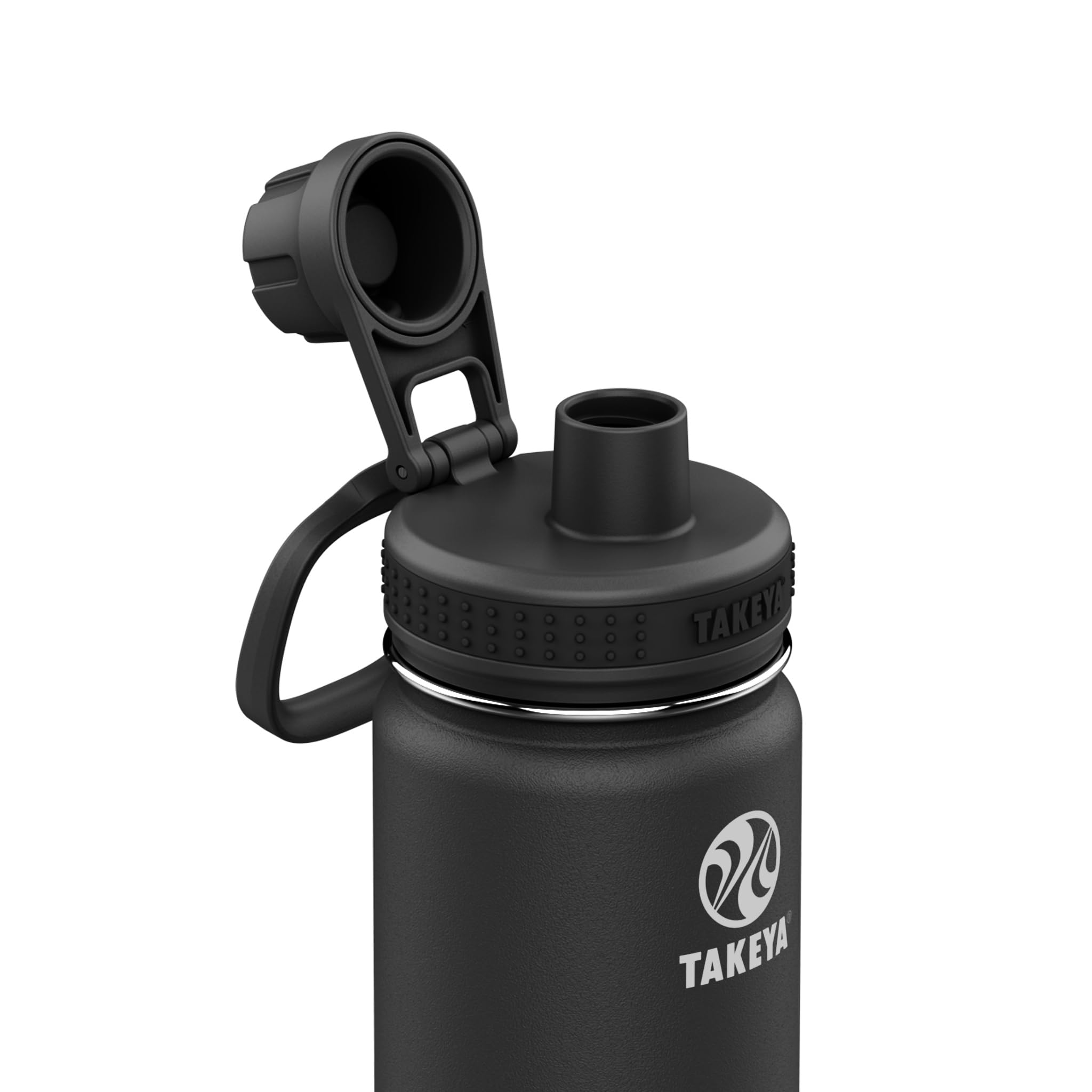 Takeya spout lid close-up highlighting leakproof seal and easy sipping benefit