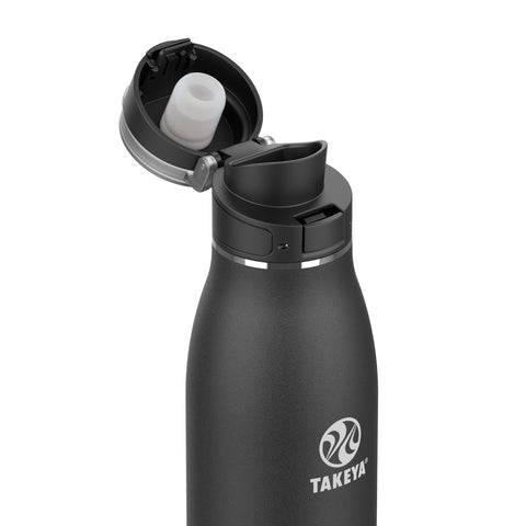 Takeya Traveler close-up of flip-lock lid demonstrating one-touch leak resistant mechanism