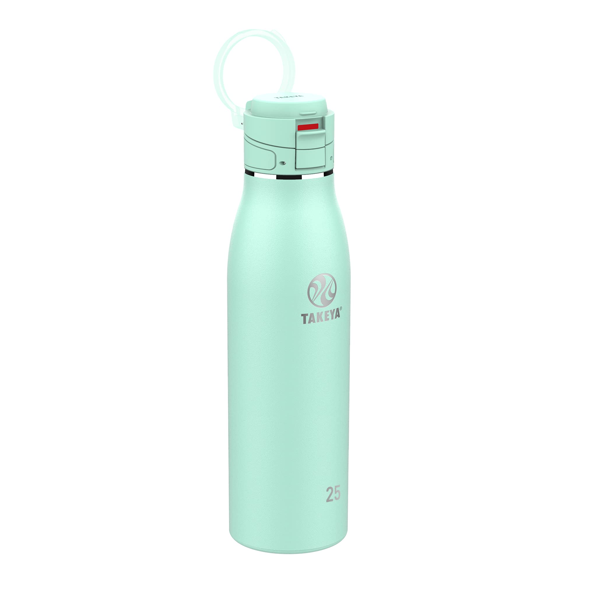Takeya Traveler front view showing aqua finish and slim profile for portability