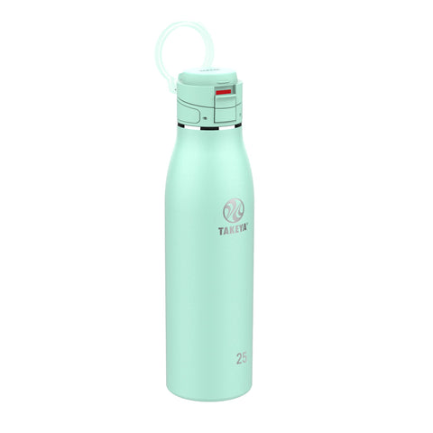Takeya Traveler front view showing aqua finish and slim profile for portability