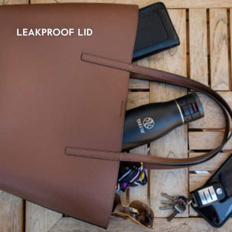Takeya Traveler on a commuter seat showing leakproof design and travel convenience