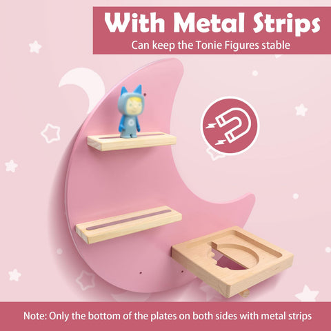 Taladad close-up of moon shelf magnetic strip, secure figure hold benefit