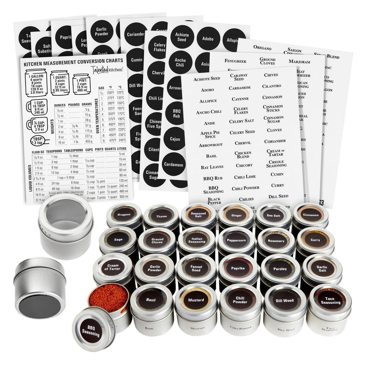 Talented Kitchen front view of 24-pack magnetic spice tins, compact organization benefit