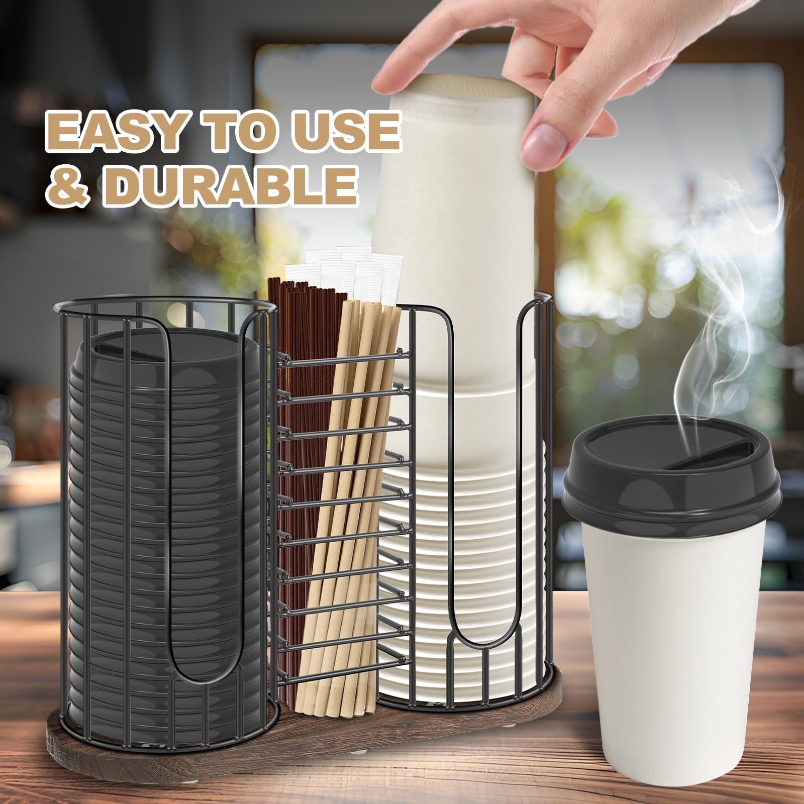 Tanggiteck loaded with disposable cups and lids demonstrating easy access and capacity