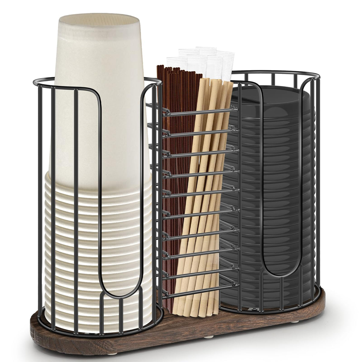 Tanggiteck front view on counter showing organized cups and lids for neat storage