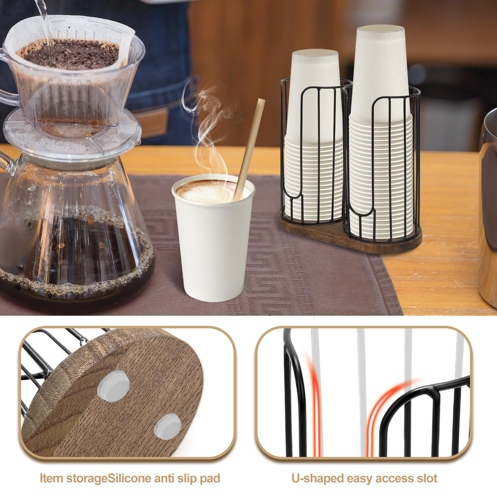 Tanggiteck in-use with paper cups and lids for tidy service