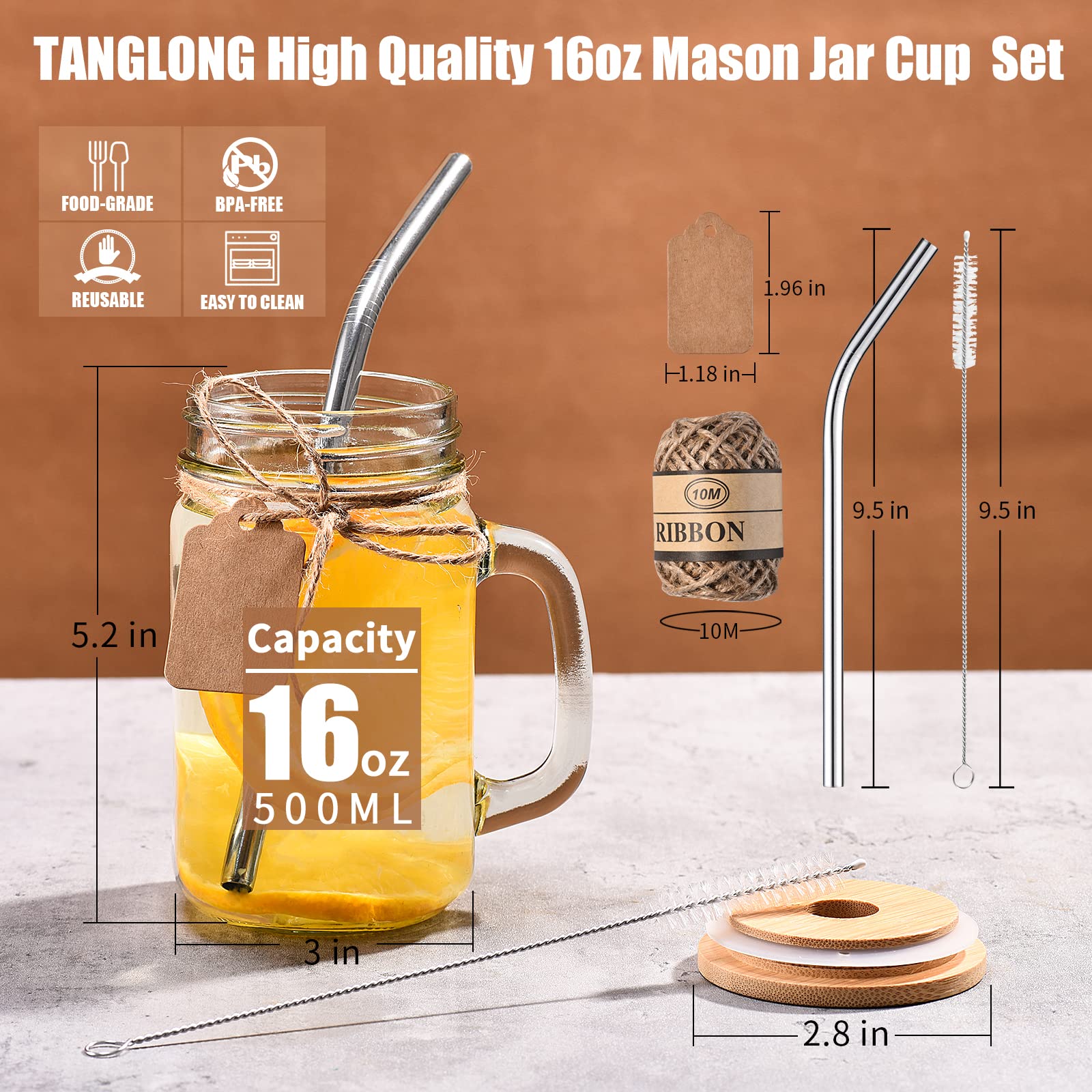 TANGLONG stainless steel straw and cleaning brush detail for easy maintenance