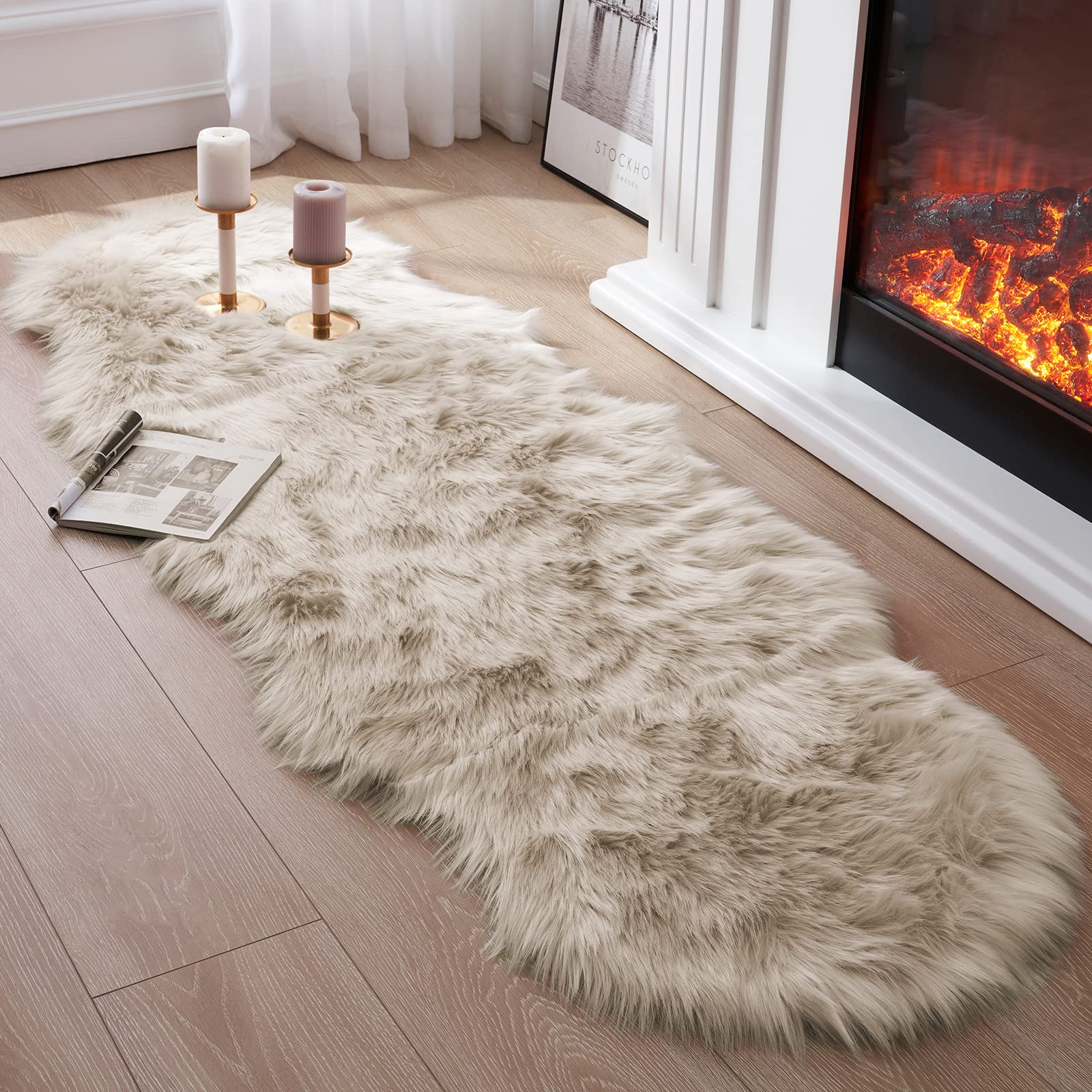 Tangsoo front view of beige faux fur runner showing plush look and cozy appeal