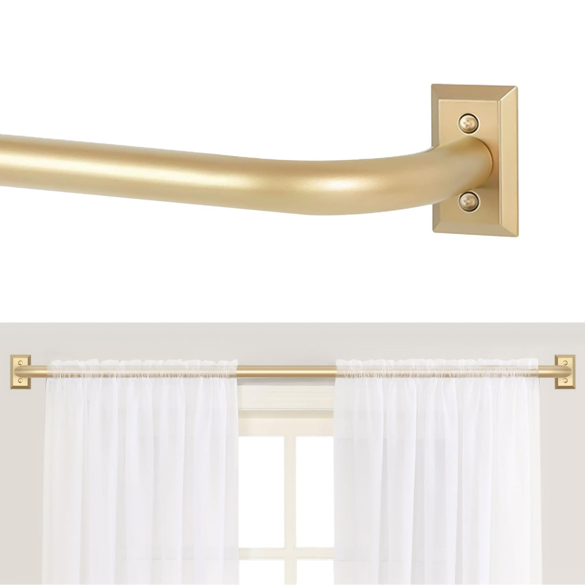 TANGWIN gold curtain rod front view showing full assembled system and elegant finish